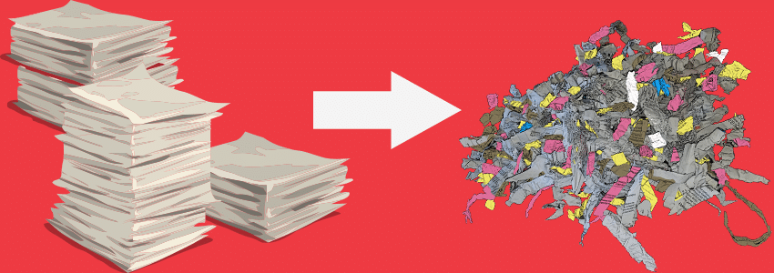 Shredding Stacks of Paper into Shredded Paper on Red Background