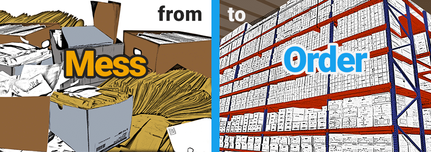 Records Storage Graphic of Messy Documents Contrasted with Ordered Document Warehouse