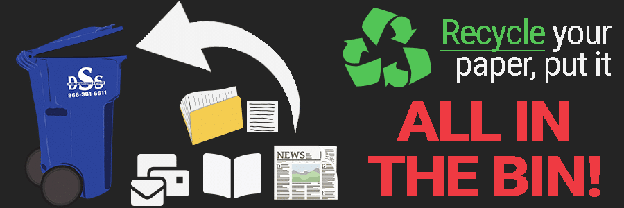 Web Banner All In Bin rectangular graphic with black background and image of miscellaneous paper items going into blue plastic shredding container and text reading: Recycle your paper, put it all in the bin!