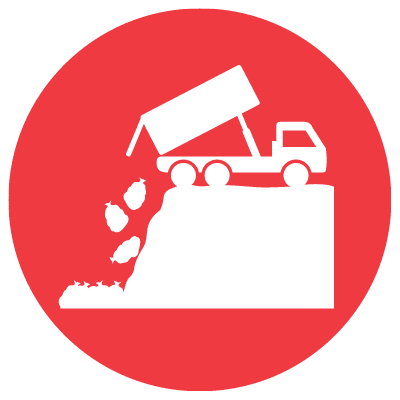 landfill icon red red circular icon of dump truck on hill representing a landfill