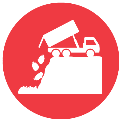 red circular icon of dump truck on hill representing a landfill