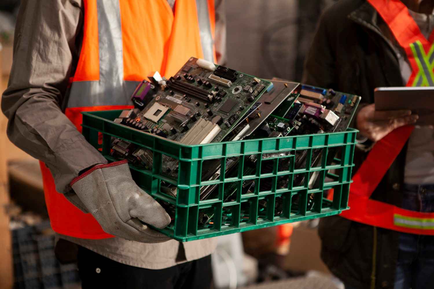 E-Waste Recycling Services in Lubbock, TX, with workers handling bins of recycled circuit boards and electronic components.