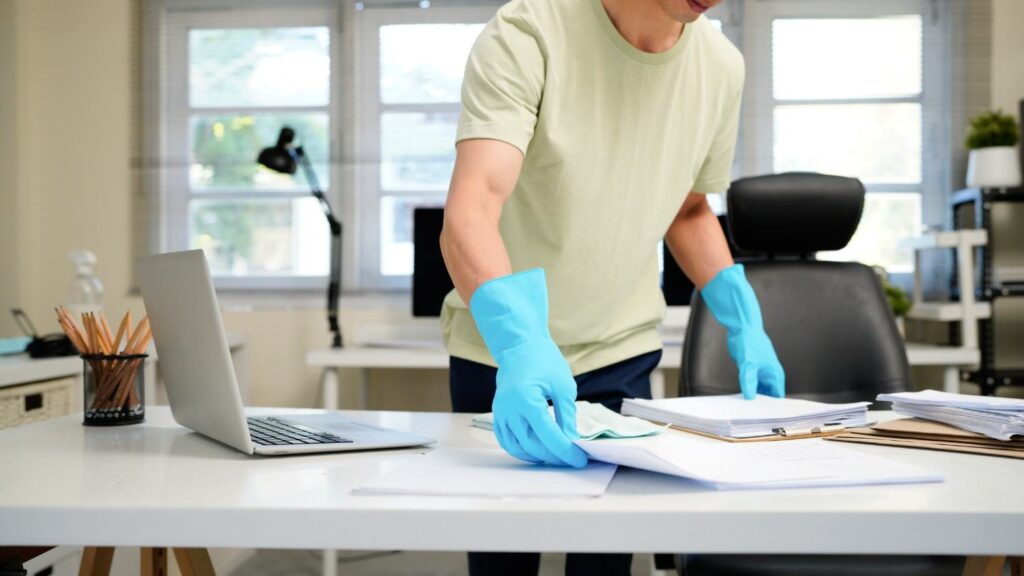 Employee organizing documents under a clean desk policy to support data security practices in Lubbock, TX